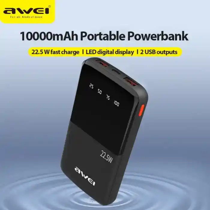 AWEI P10K 10000mAh 22.5W Fast Charging Dual Output Ports Digital Display Power Bank